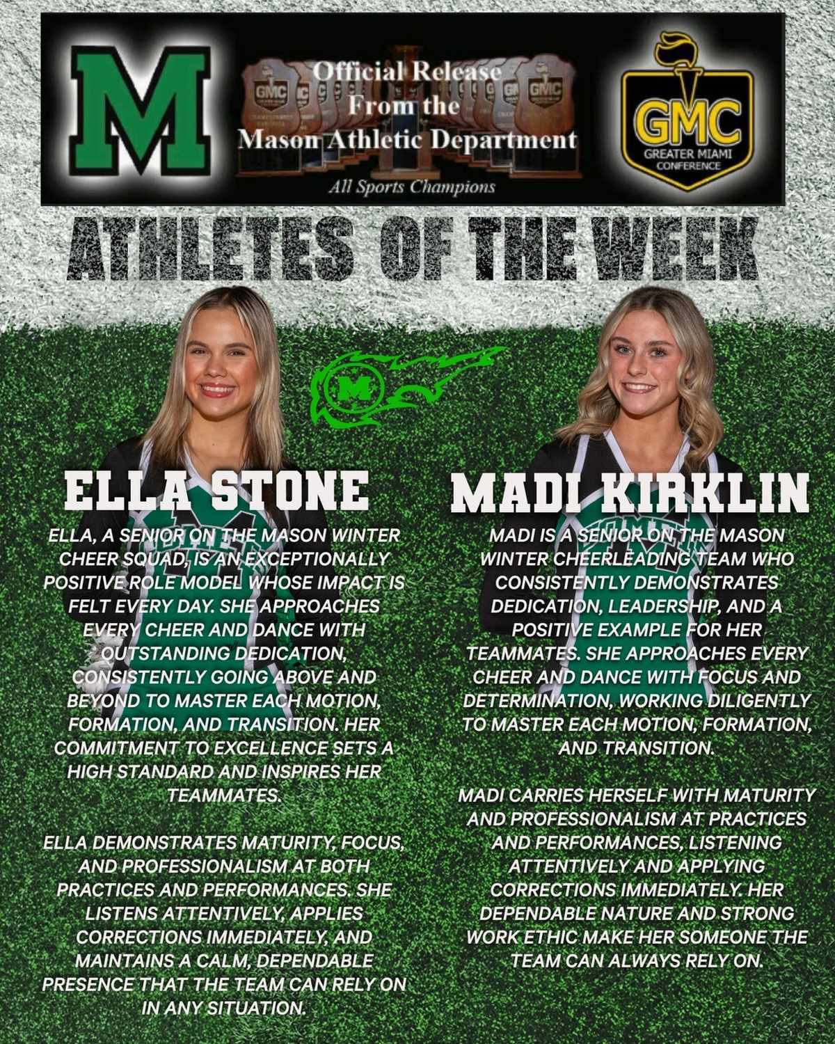 Mason High School seniors Ella Stone and Madi Kirklin have been recognized as this week’s Athletes of the Week!